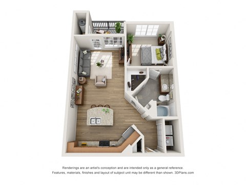 a 3d floor plan of a 1 bedroom apartment at Terracina, Broomfield, CO